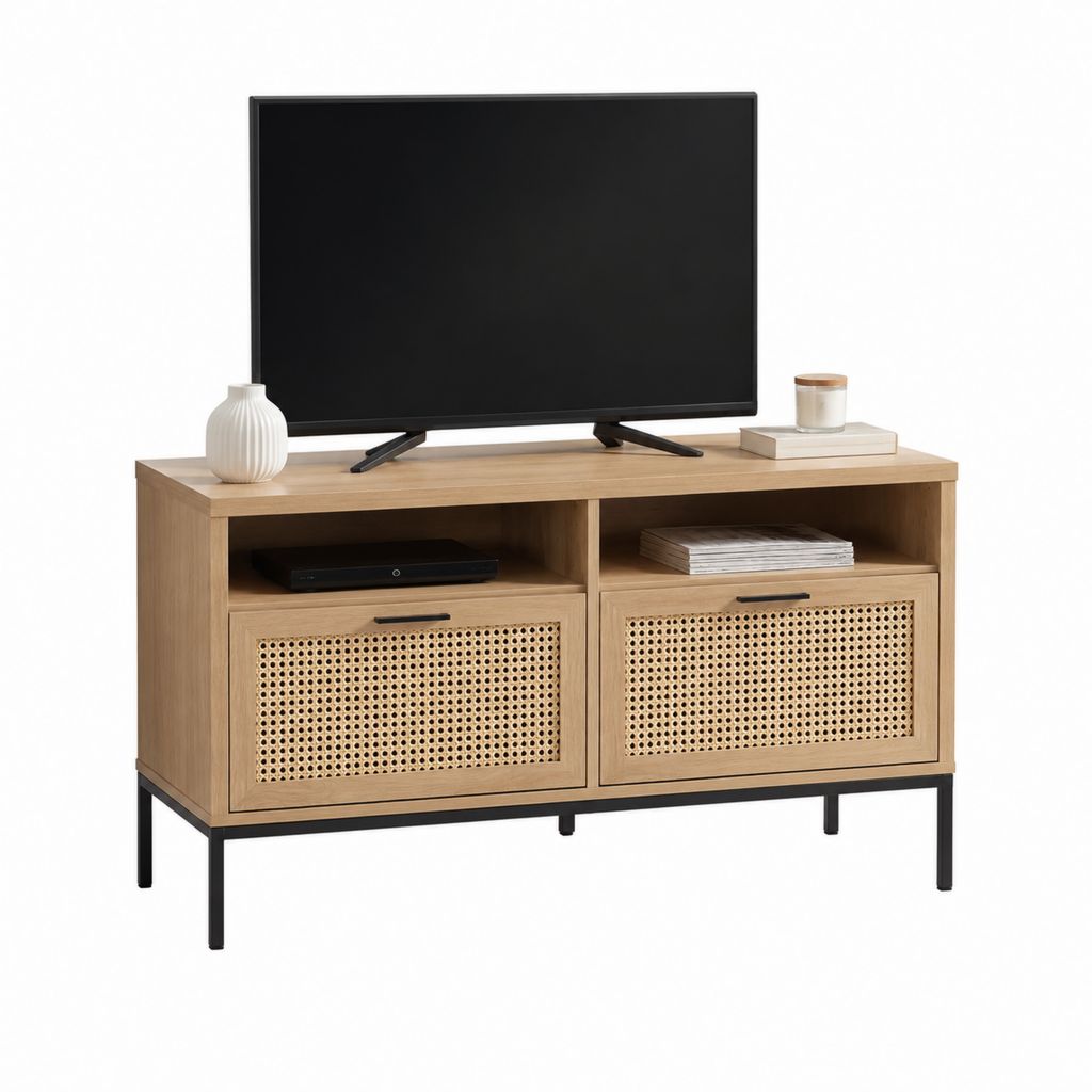 TV Lowboard Eichefarben mit Rattanfront und Stahlgestell rechteckig 120 x 40 x 75 cm
