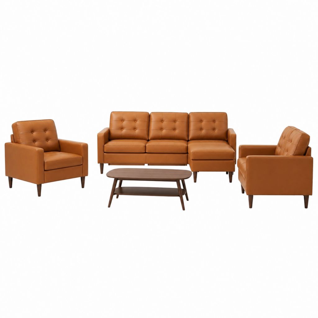 Wohnzimmer Sitzgruppe mit 3-Sitzer Ecksofa 2 Sesseln und Couchtisch cognacfarbenes PU-Kunstleder 230 x 150 x 82 cm