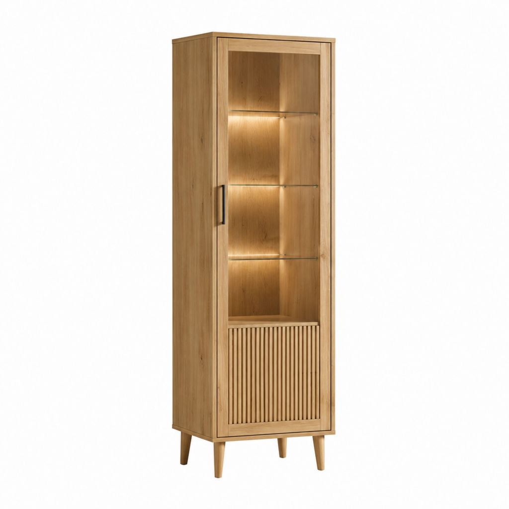 Vitrine aus massivem Eichenholz natur mit Glastür und LED-Beleuchtung 60 x 40 x 190 cm