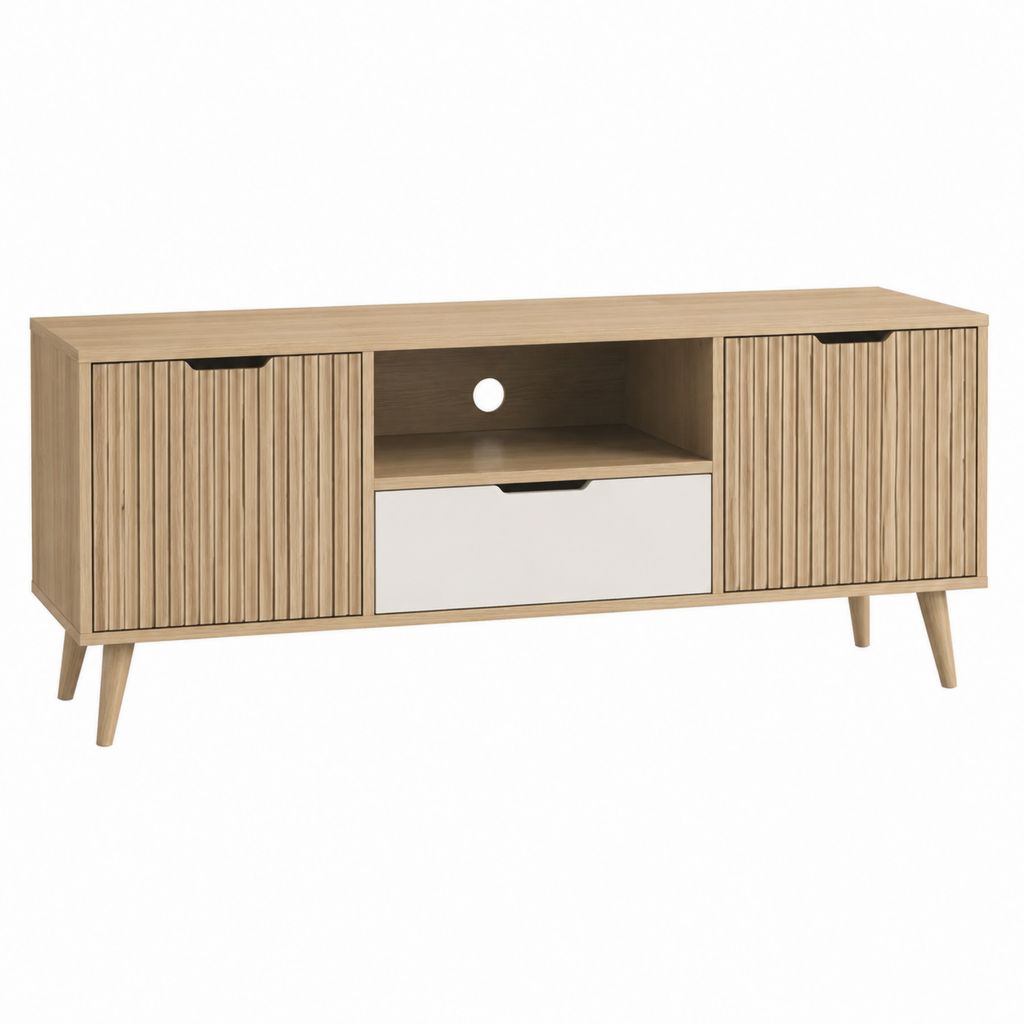 TV-Lowboard aus MDF in Natur Weiß rechteckig mit 2 Türen 1 Schublade 140 x 40 x 55 cm