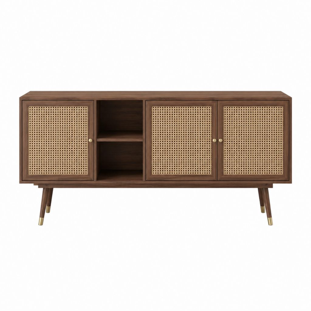 TV-Lowboard walnussfarben MDF mit Rattangeflecht rechteckig 160 x 40 x 75 cm