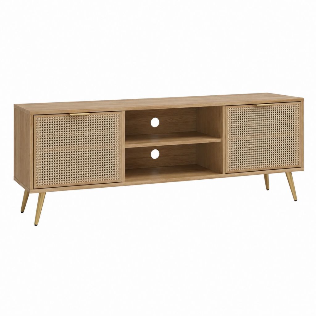 TV Lowboard eichefarben aus MDF mit Rattan-Geflecht rechteckig 140 x 40 x 60 cm