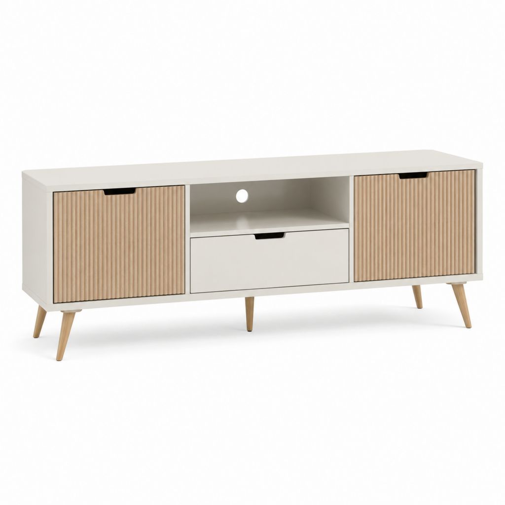 TV Lowboard Weiß Natur mit Riffelholzfronten aus MDF und Spanplatte 140 x 40 x 60 cm
