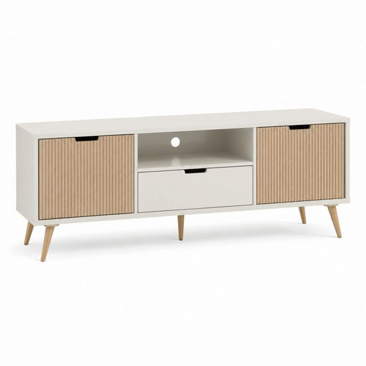 TV Lowboard Weiß Natur mit Riffelholzfronten aus MDF und Spanplatte 140 x 40 x 60 cm