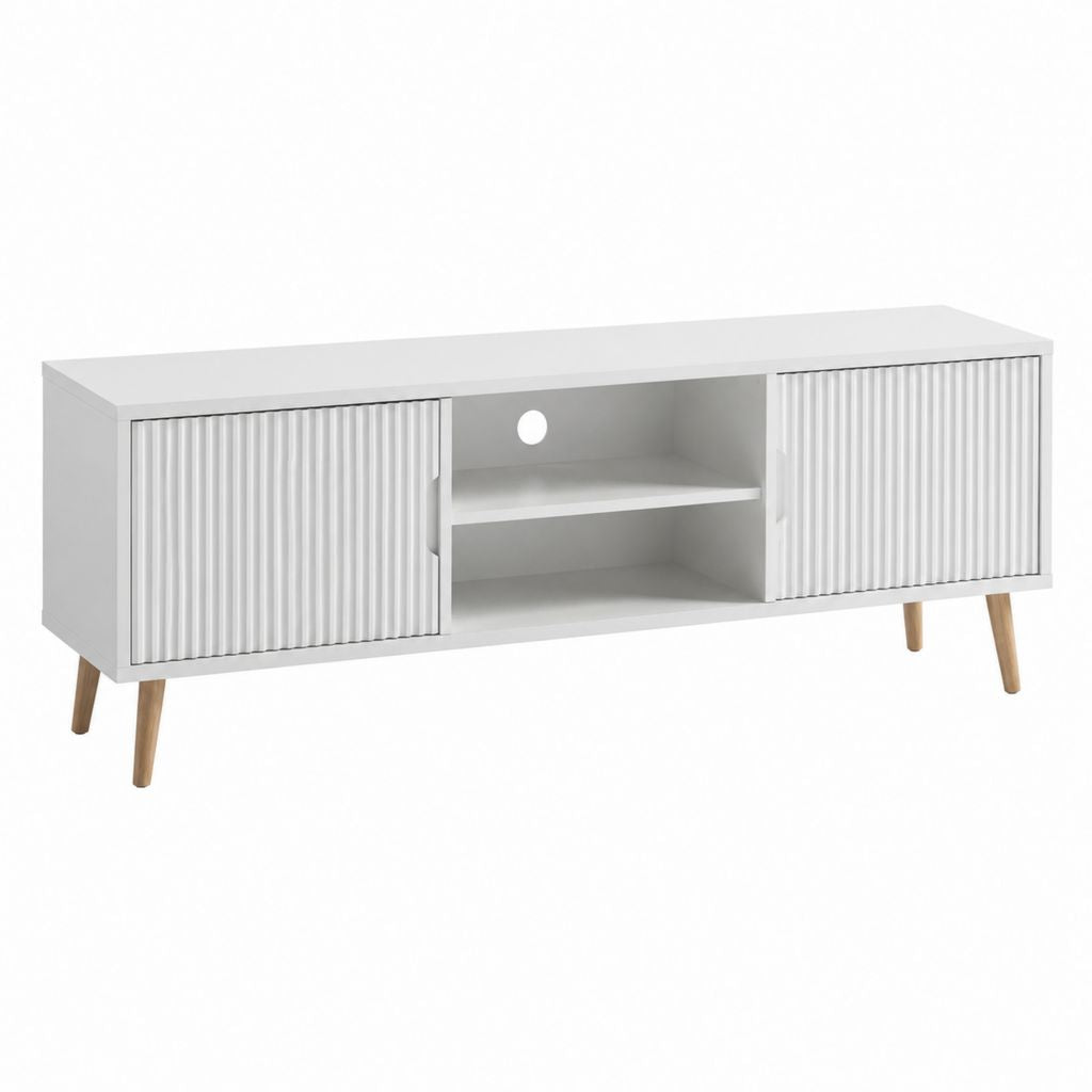 TV-Lowboard rechteckig Weiß MDF mit Massivholzbeinen Schiebetüren und Kabeldurchführung 120 x 40 x 50 cm