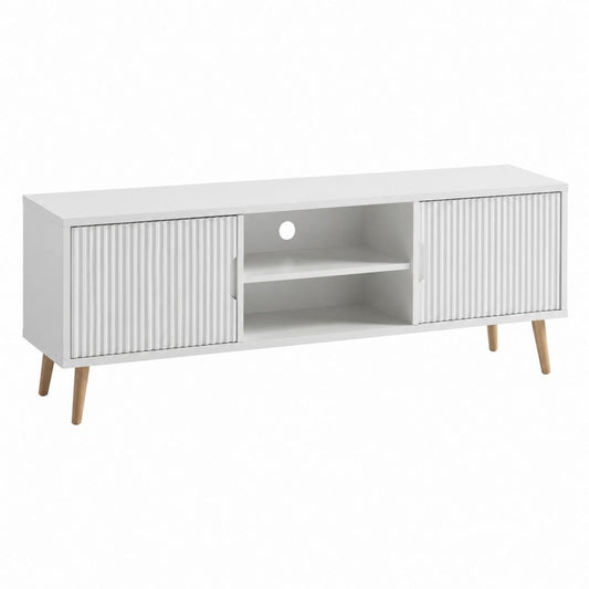 TV-Lowboard rechteckig Weiß MDF mit Massivholzbeinen Schiebetüren und Kabeldurchführung 120 x 40 x 50 cm