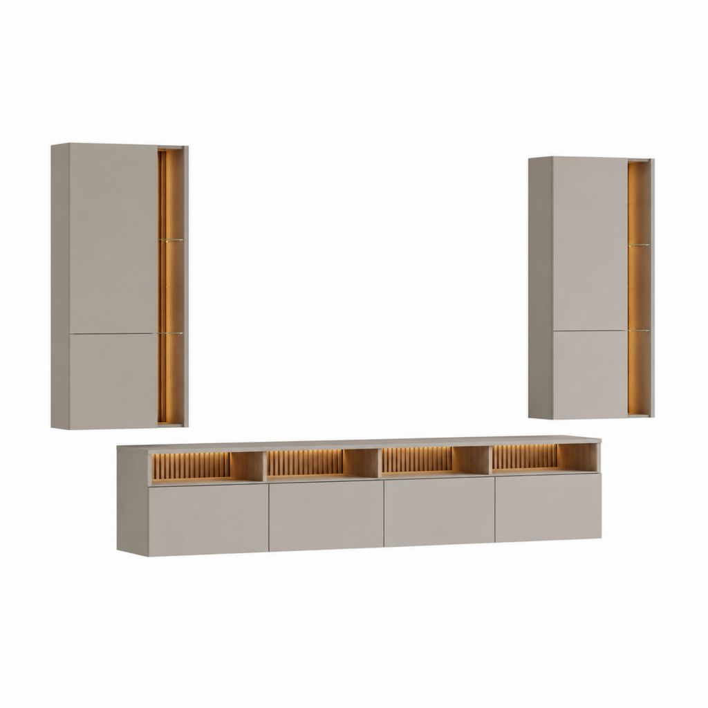 TV-Wohnwand 3-teilig Greige Eiche MDF rechteckig 200 x 40 x 45 cm mit 2 Hängeschränken 50 x 30 x 120 cm