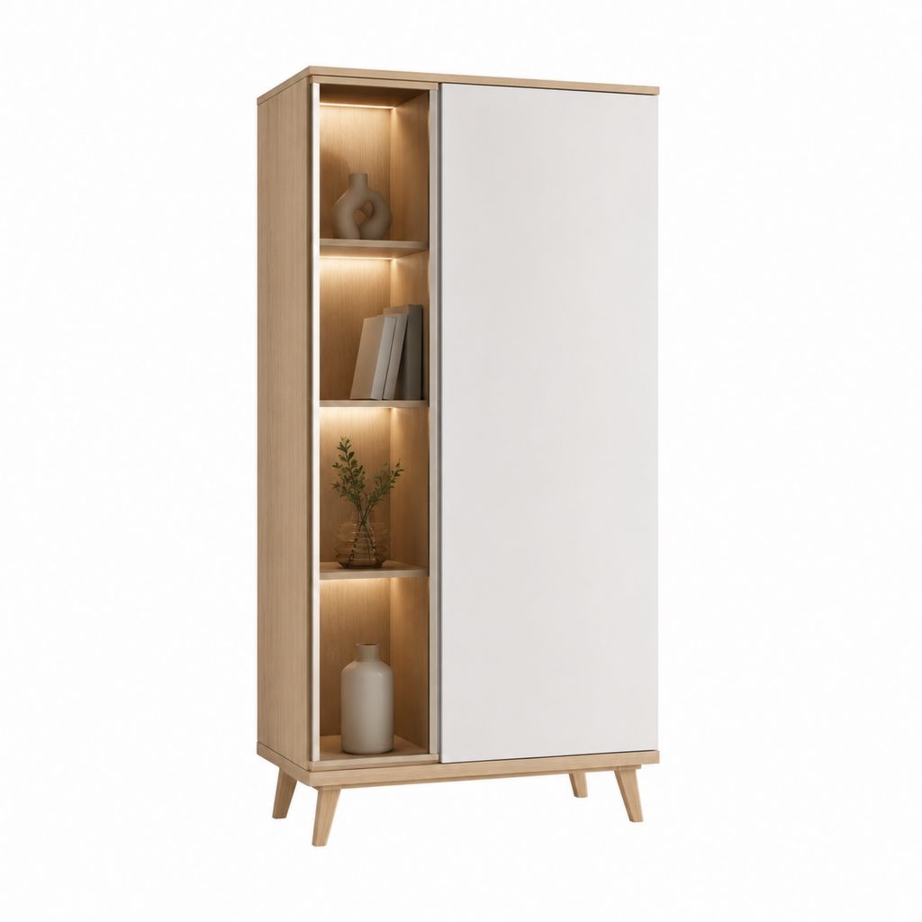 Vitrinenschrank mit LED Beleuchtung Weiß Eiche Dekor rechteckig 80 x 40 x 180 cm
